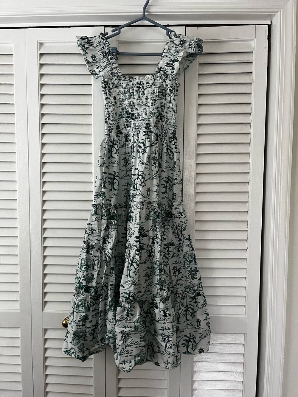 Aqua Green Toile-Print Ruffle Midi Dress